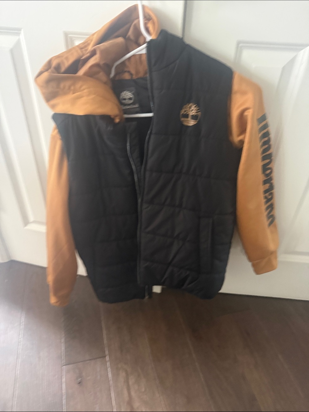 Timberland Black Body with Brown Sleeves Hooded Puffer Jacket - Kids